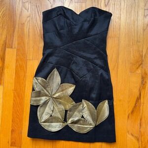 Y2K Jessica McClintock Black Strapless Cocktail Dress Gold Floral Applique Sz 4‎